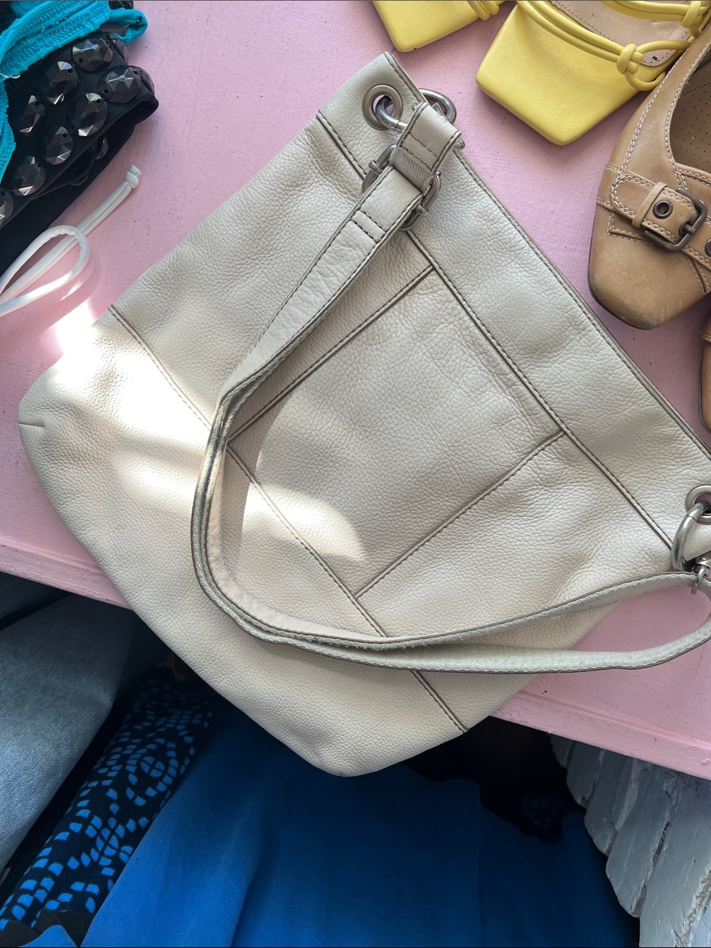 Women's Neutral Leather Shoulder Bag - Beige silver hardware - Picture 6 of 16